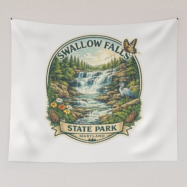Item preview, Swallow Falls State Park Maryland Wildlife Scene – Waterfalls, Pines, and Great Blue Heron designed and sold by Places On Earth.