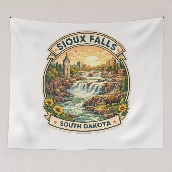 Item preview, Sioux Falls South Dakota Sunset Badge – Waterfalls, Cityscape, and Historic Tower designed and sold by Places On Earth.