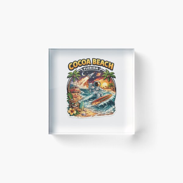 Item preview, Cocoa Beach Florida Astronaut Surf Scene – Rocket Launch, Palm Trees, and Space Coast Sunset designed and sold by Places On Earth.