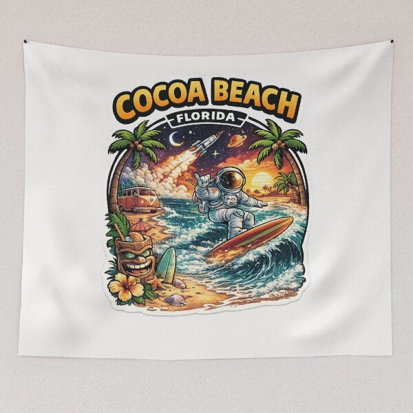 Item preview, Cocoa Beach Florida Astronaut Surf Scene – Rocket Launch, Palm Trees, and Space Coast Sunset designed and sold by Places On Earth.