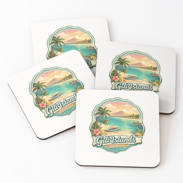 Item preview, Gili Islands Indonesia Beach Scene – Sunset Overwater Huts, Mountains and Palm-Fringed Coast designed and sold by Places On Earth.