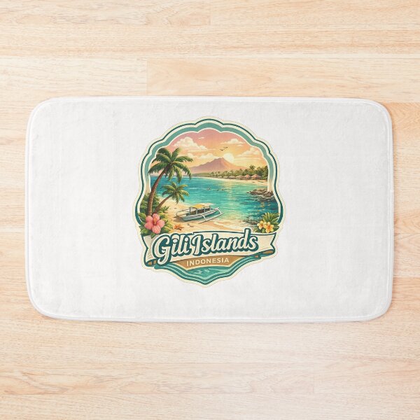 Item preview, Gili Islands Indonesia Beach Scene – Sunset Overwater Huts, Mountains and Palm-Fringed Coast designed and sold by Places On Earth.