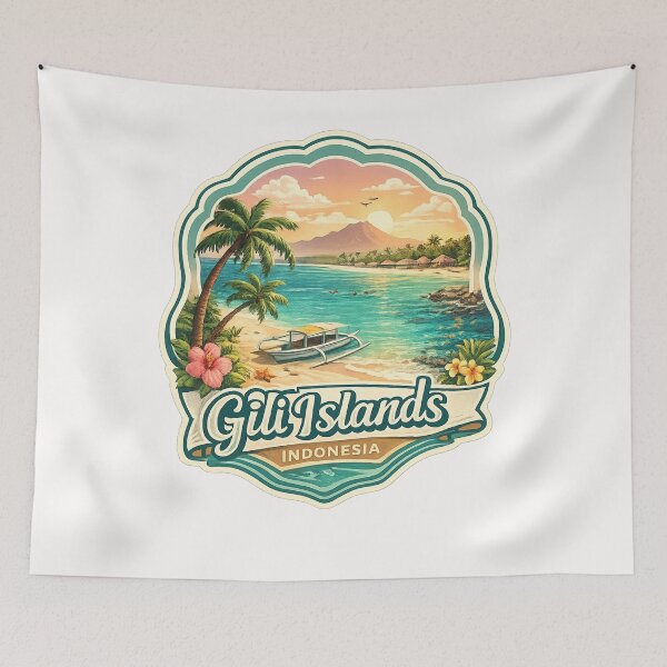 Item preview, Gili Islands Indonesia Beach Scene – Sunset Overwater Huts, Mountains and Palm-Fringed Coast designed and sold by Places On Earth.