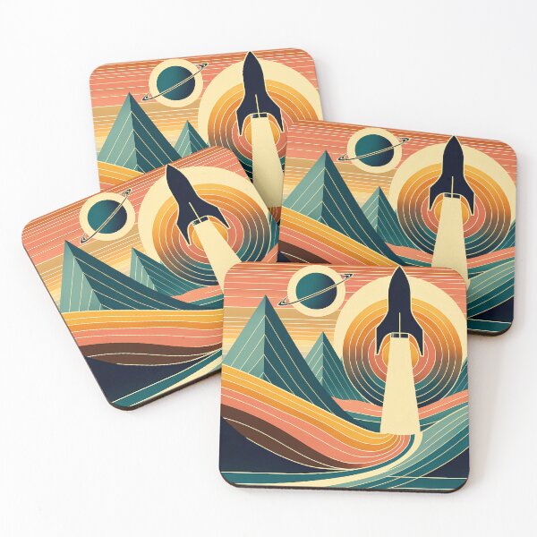 Item preview, Retro Rocket Launch Over Geometric Mountains designed and sold by InkSmithery.