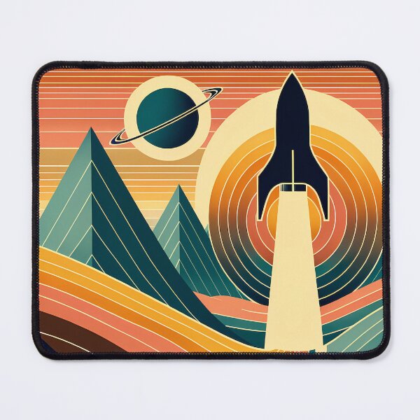 Item preview, Retro Rocket Launch Over Geometric Mountains designed and sold by InkSmithery.