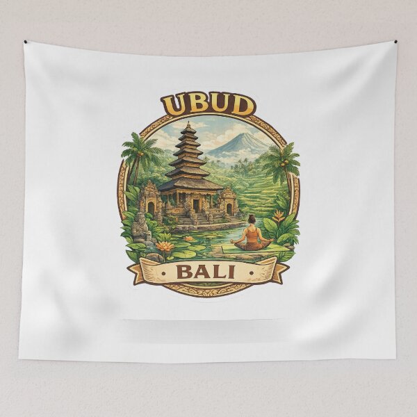 Item preview, Ubud Bali Temple Garden Scene – Balinese Architecture, Lotus Pond and Mount Agung View designed and sold by Aryabek.