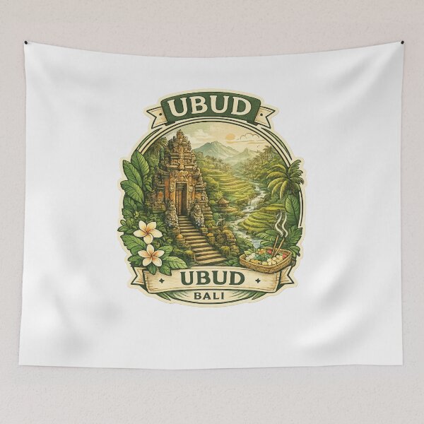 Item preview, Ubud Bali Rice Terrace Vista – Temple Gate, Jungle Valley and Sacred Mountain Scenery designed and sold by Aryabek.