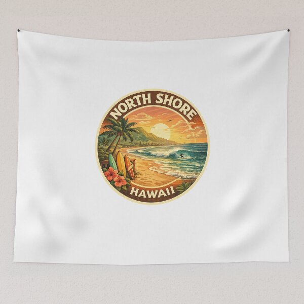 Item preview, North Shore Oahu Hawaii Beach Scene – Surfboards, Sunset Coastline and Lush Mountains designed and sold by Aryabek.