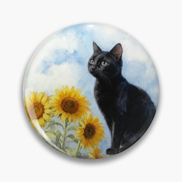Item preview, Black cat with sun flowers watercolor painting designed and sold by lifewithbirds.