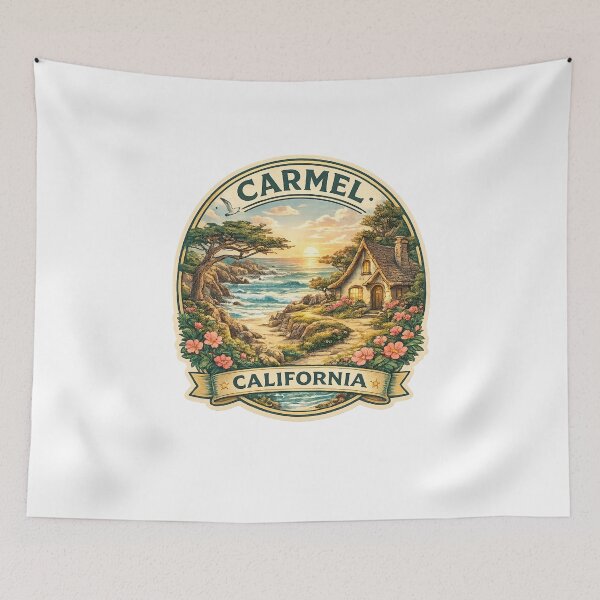 Item preview, Carmel California Seaside Cottage – Coastal Flowers, Cypress Trees and Sunset Shores designed and sold by Aryabek.