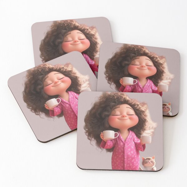 Item preview, Curly Hair Girl Morning Coffee & Kitten Vibes designed and sold by GunnuDesigns.