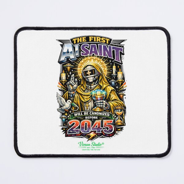 Item preview, The First AI Saint Cyberpunk Robot Priest Canonized 2045 Retro Futurism Typography – Digital Religion Sacred Geometry Sci-Fi Art for Tech Enthusiasts and Futurists designed and sold by Vivaan Studio.