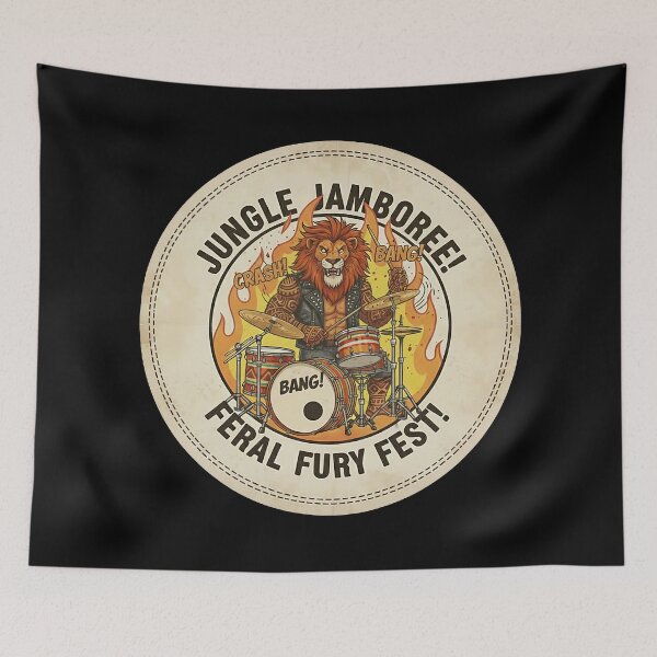Item preview, Feral Fury Fest: Hard Rock Lion Drummer Jungle Jamboree Illustration designed and sold by ART-POD-PL.