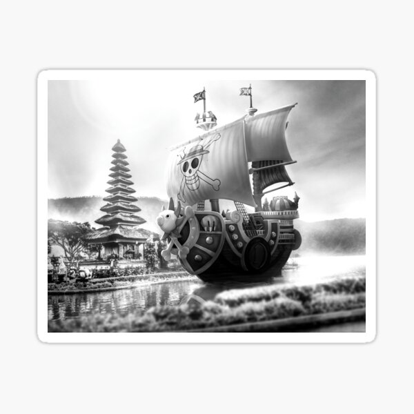 black white The Thousand Sunny Straw Hat Pirates Ships in bali nusantara Digital Artwork full colour Sticker