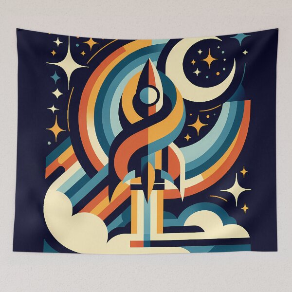 Item preview, Retro Rocket Launch with Rainbow Trails designed and sold by InkSmithery.