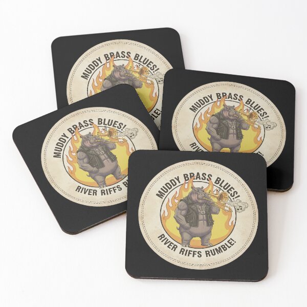 Item preview, Brawny Hippo Playing Trombone in Leather Vest with Flames Retro Badge designed and sold by ART-POD-PL.