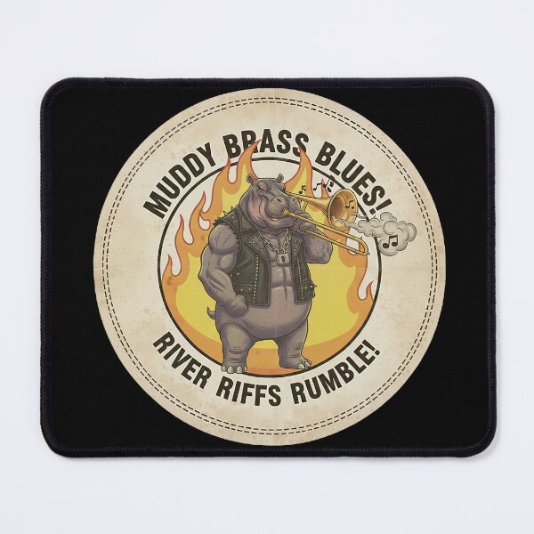 Item preview, Brawny Hippo Playing Trombone in Leather Vest with Flames Retro Badge designed and sold by ART-POD-PL.