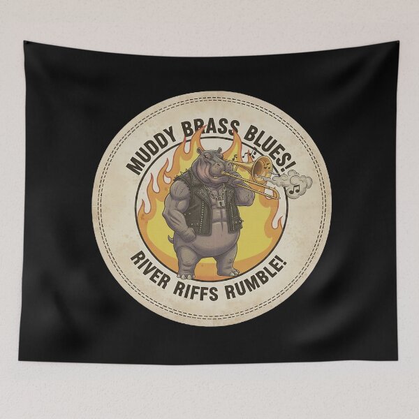 Item preview, Brawny Hippo Playing Trombone in Leather Vest with Flames Retro Badge designed and sold by ART-POD-PL.