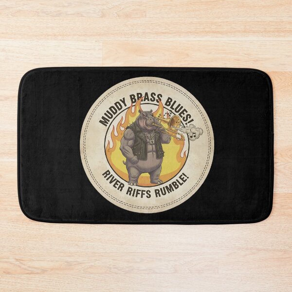 Item preview, Brawny Hippo Playing Trombone in Leather Vest with Flames Retro Badge designed and sold by ART-POD-PL.