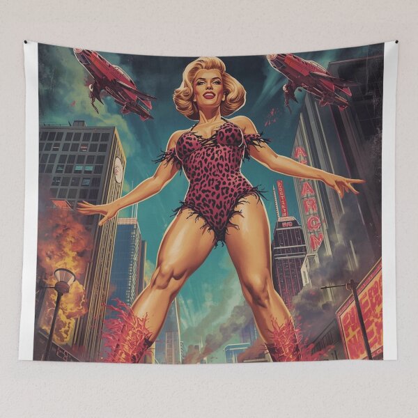 Item preview, Giantess Rampage Retro Poster | 1950s B-Movie Glamorous Giantess | Neon Metropolis Art Print designed and sold by MissSaylor.