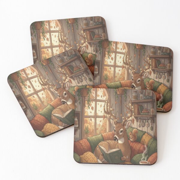 Item preview, Cozy White-tailed Deer Reading by the Window - Autumn at Home designed and sold by XanderVillage.