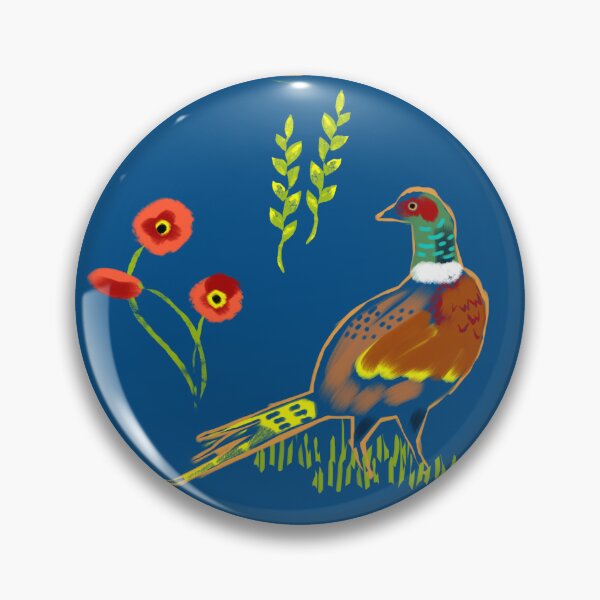 Item preview, Pheasant wheat and poppy pattern on blue background designed and sold by Mary Jane Lange.