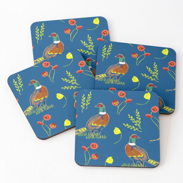 Item preview, Pheasant wheat and poppy pattern on blue background designed and sold by Mary Jane Lange.