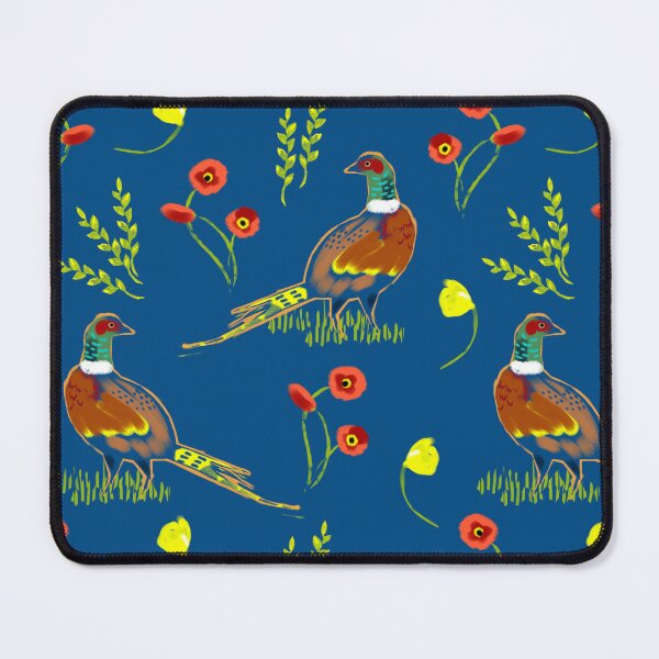 Item preview, Pheasant wheat and poppy pattern on blue background designed and sold by Mary Jane Lange.
