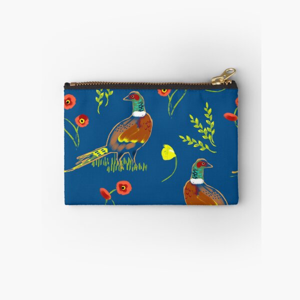 Item preview, Pheasant wheat and poppy pattern on blue background designed and sold by Mary Jane Lange.