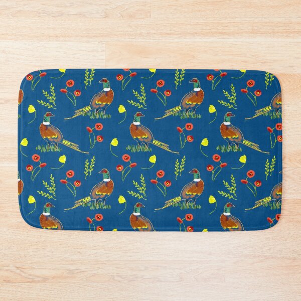 Item preview, Pheasant wheat and poppy pattern on blue background designed and sold by Mary Jane Lange.