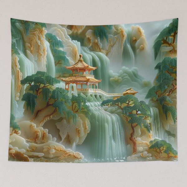 Item preview, Asian Pagodas Mountain Misty Scenery with Waterfalls designed and sold by MargaretWiktor.