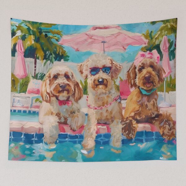Item preview, Preppy dogs at the swimming pool in Palm Beach designed and sold by SophieClimaArt.