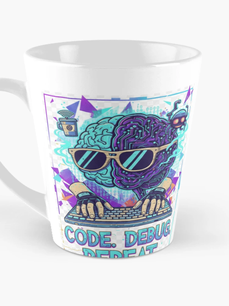 Thumbnail 3 of 4, Coffee Mug, Code Debug Repeat Cyber Brain Coder Sticker | Programmer Tech Art designed and sold by mdj96.