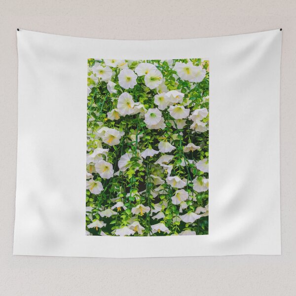 Item preview, White Morning Glory Flowers in Green Vines Cascading Over a Lush Garden Fence designed and sold by Nmallia.