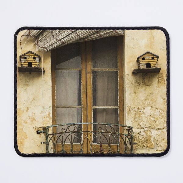Item preview, Weathered Balcony Door With Rustic Iron Railing And Birdhouses On Cracked Stone Wall Facade Exterior designed and sold by Nmallia.