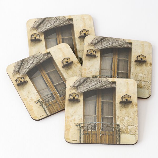 Item preview, Weathered Balcony Door With Rustic Iron Railing And Birdhouses On Cracked Stone Wall Facade Exterior designed and sold by Nmallia.