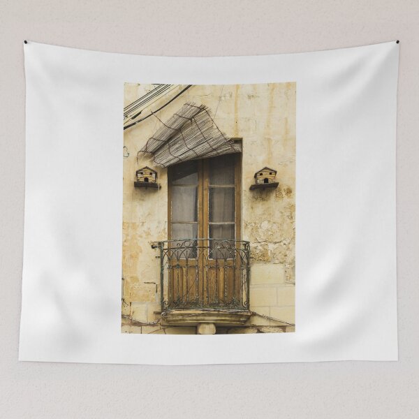 Item preview, Weathered Balcony Door With Rustic Iron Railing And Birdhouses On Cracked Stone Wall Facade Exterior designed and sold by Nmallia.