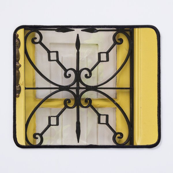 Item preview, Ornate Black Wrought-Iron Door Grille With Yellow Frame, Decorative Security Barrier and Vintage Style Architecture designed and sold by Nmallia.