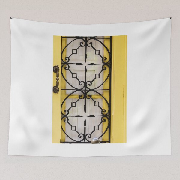 Item preview, Ornate Black Wrought-Iron Door Grille With Yellow Frame, Decorative Security Barrier and Vintage Style Architecture designed and sold by Nmallia.