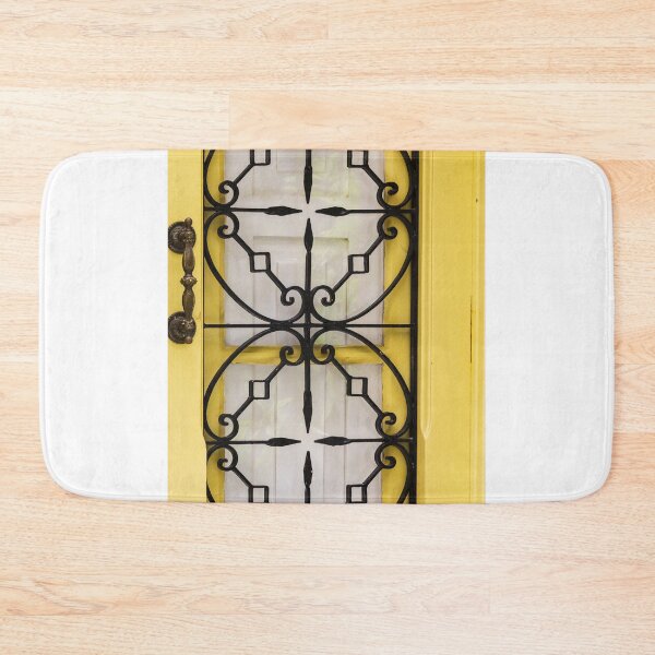 Item preview, Ornate Black Wrought-Iron Door Grille With Yellow Frame, Decorative Security Barrier and Vintage Style Architecture designed and sold by Nmallia.