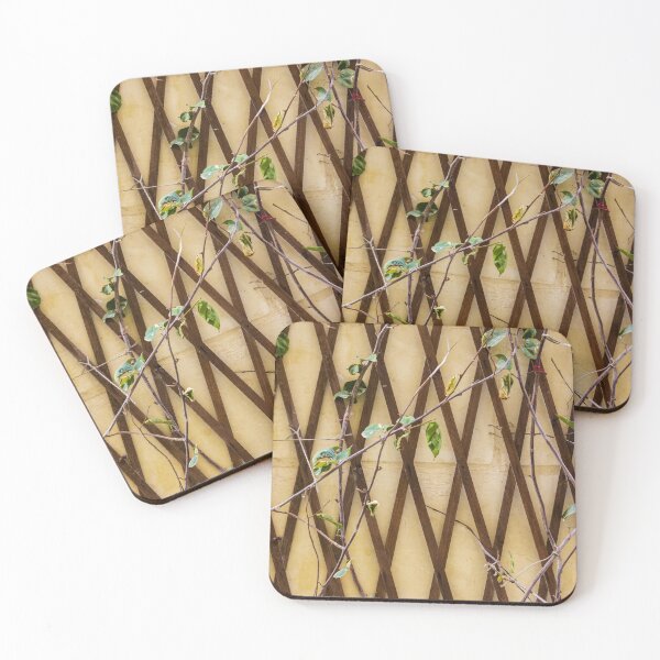 Item preview, Vine-Covered Wooden Lattice Against Yellow Wall Creating Rustic Garden Fence designed and sold by Nmallia.