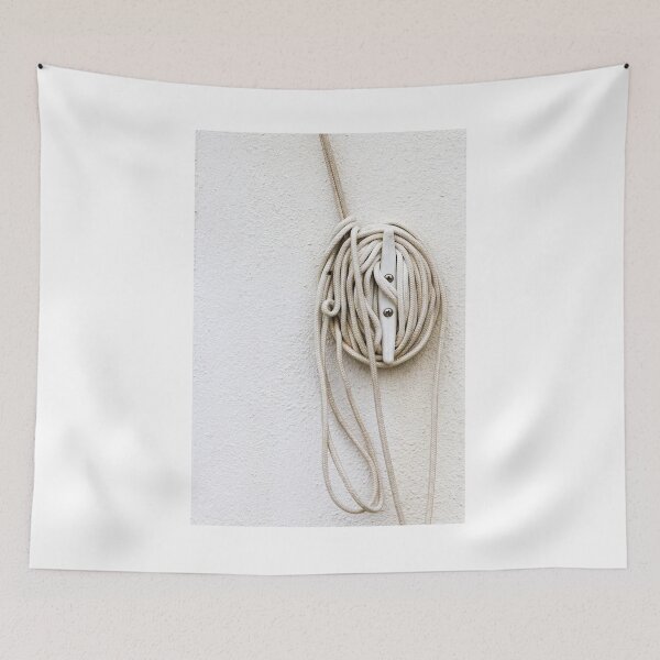 Item preview, Coiled Rope on Wall Hook With Long White Cord on Textured Wall designed and sold by Nmallia.