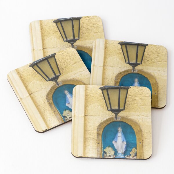 Item preview, Outdoor Wall Lantern Above Virgin Mary Shrine Niche on Yellow Stucco Wall Decor designed and sold by Nmallia.