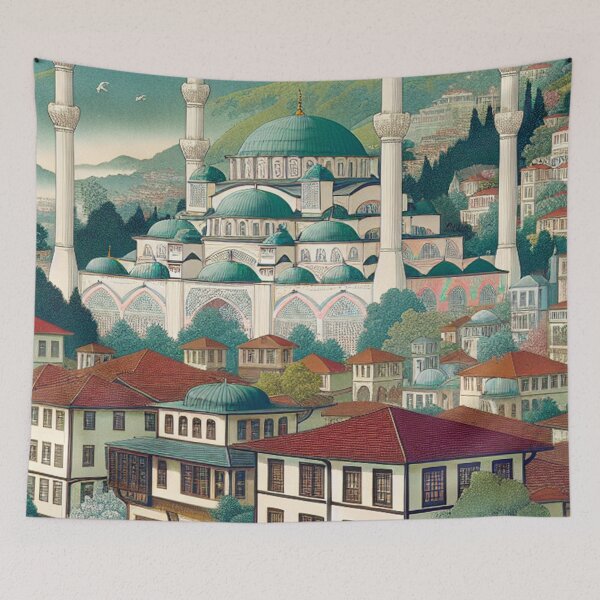 Item preview, Bursa Turkey Ukiyo‑e Art Print | Green Mosque Edo Style Japanese Woodblock designed and sold by Vandy Fullam.