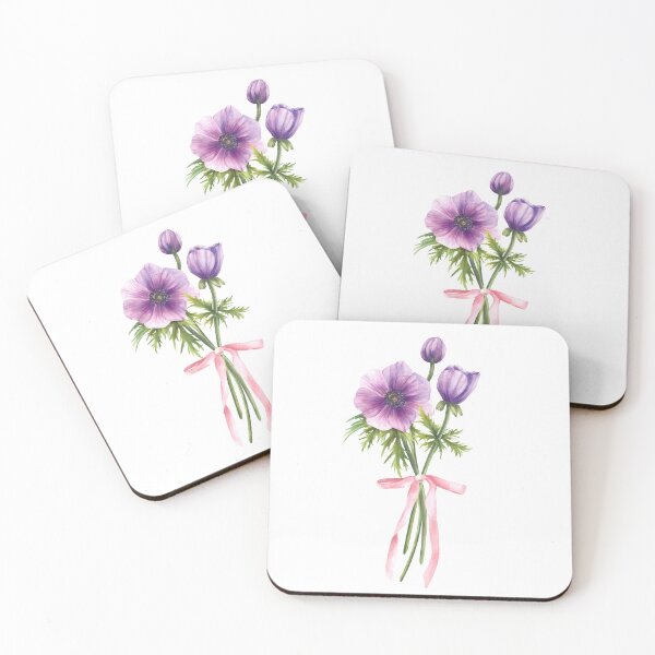 Item preview, Copy of Watercolor anemone purple flowers bouquet tied with pink ribbon. Hand drawn designed and sold by BartolArt.