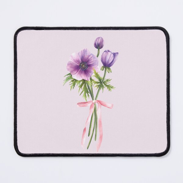 Item preview, Copy of Watercolor anemone purple flowers bouquet tied with pink ribbon. Hand drawn designed and sold by BartolArt.