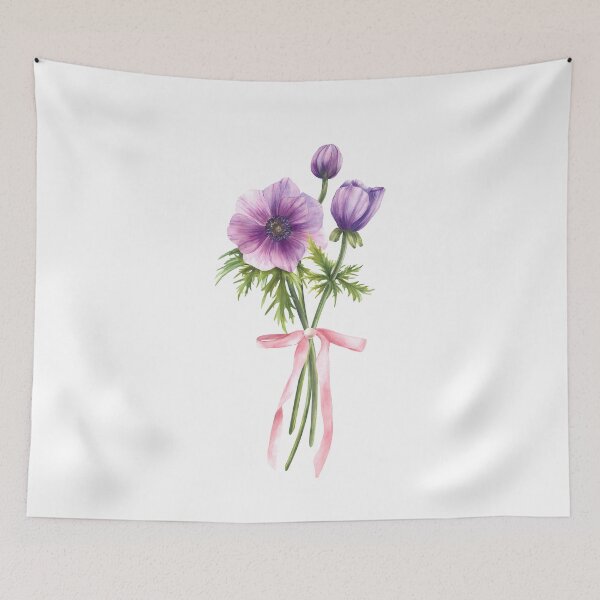 Item preview, Copy of Watercolor anemone purple flowers bouquet tied with pink ribbon. Hand drawn designed and sold by BartolArt.
