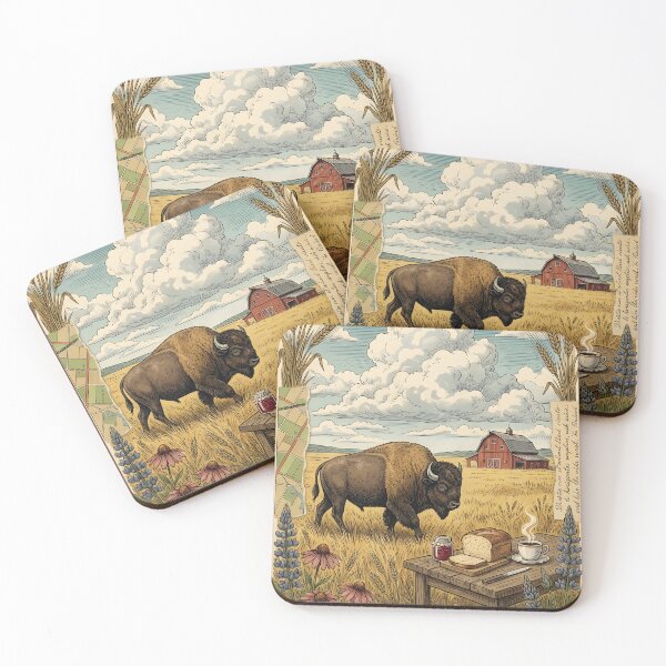 Item preview, Bison walking through golden prairies beside rustic breakfast designed and sold by CoffeeinBloom.