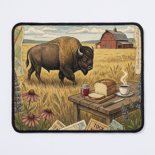 Artikelvorschau, Bisons streifen durch goldene Prärien neben einem rustikalen Frühstück entworfen und verkauft von CoffeeinBloom.