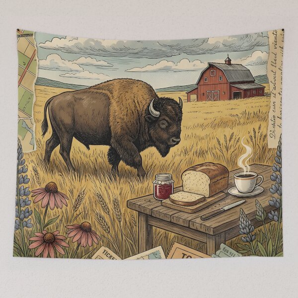 Item preview, Bison walking through golden prairies beside rustic breakfast designed and sold by CoffeeinBloom.